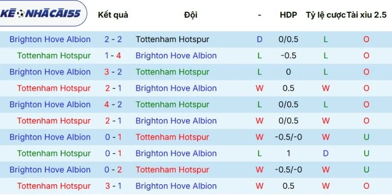 Kết quả đụng độ Tottenham vs Brighton trước đó