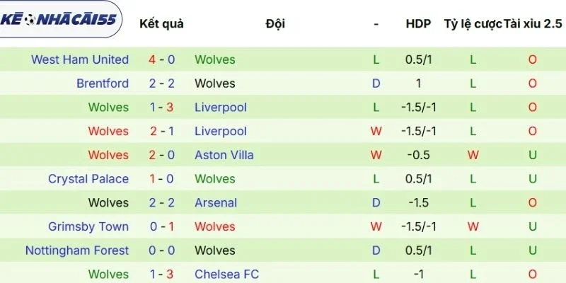 Kết quả thi đấu của Wolves vừa qua