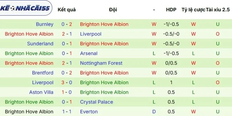 Phong độ mới đây nhất của Brighton