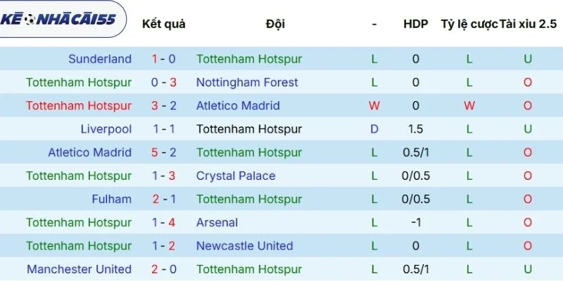 Thành tích các trận ra sân gần đây của Tottenham